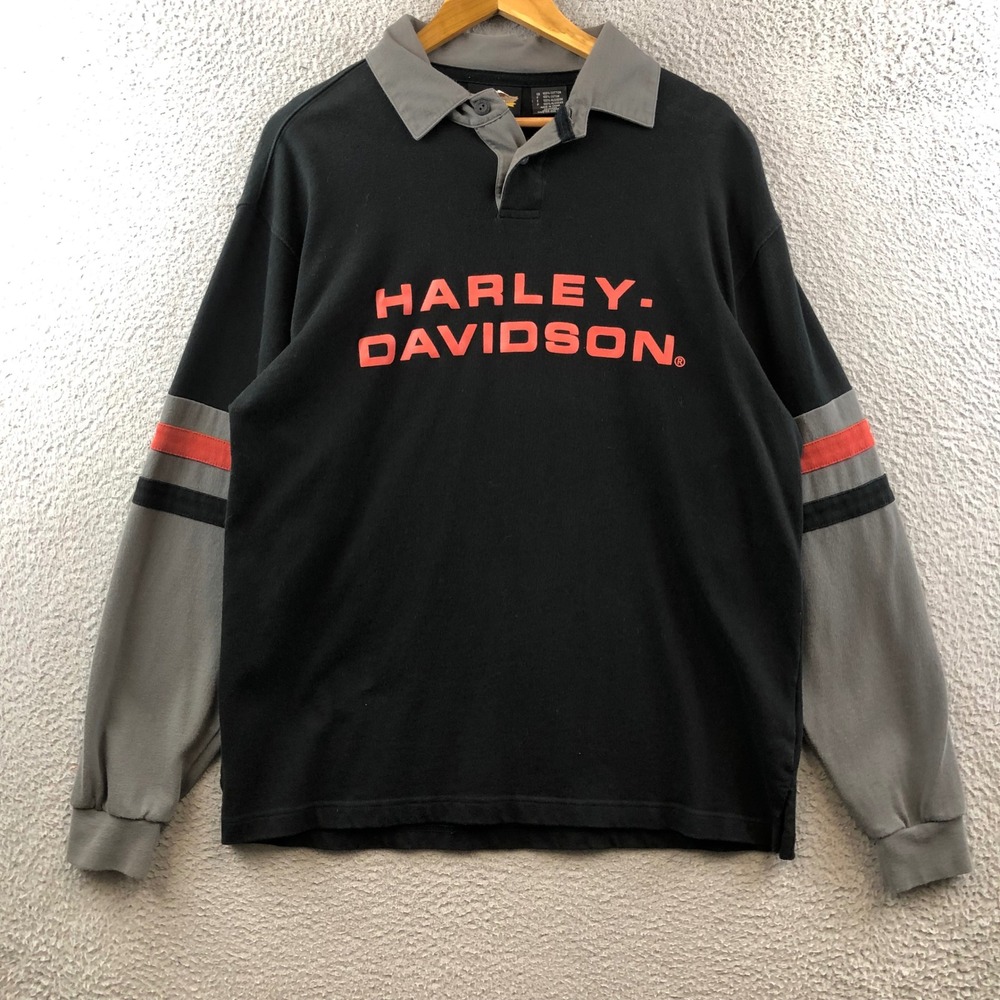 Harley Davidson Mens Long Sleeve Polo Shirt Black Striped Size‎ L